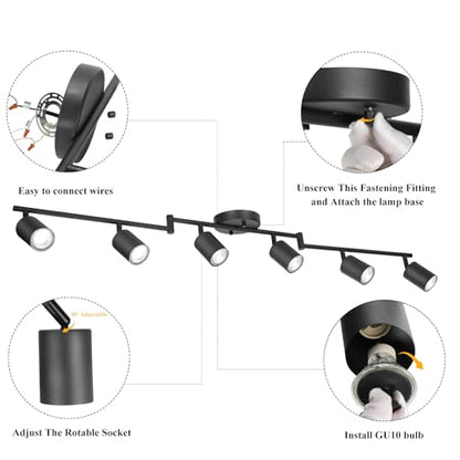 BoostArea LED 6 Light Track Lighting Kit, Black 6 Way Ceiling Spot Lighting, Flexibly Rotatable Light Head for Kitchen, Living Room, Bedroom, GU10 Bulb Not Included - color: 6 Light