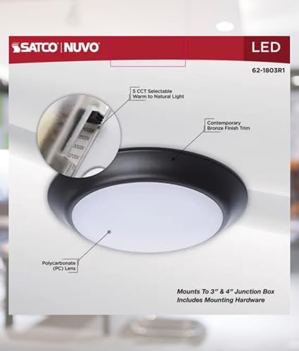 Satco 62-1803R1 7 Inch LED Disk Light, CCT Selectable 2700K-5000K, 780 Lumens, 9.5W, Triac Dimmable, 90 CRI, Wet Rated, Bronze Finish, 120 Volt, Energy Star JA8 (12 Pack)