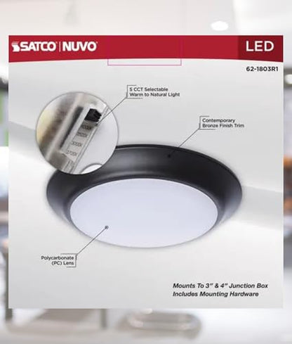 Satco 62-1803R1 7 Inch LED Disk Light, CCT Selectable 2700K-5000K, 780 Lumens, 9.5W, Triac Dimmable, 90 CRI, Wet Rated, Bronze Finish, 120 Volt, Energy Star JA8 (12 Pack)