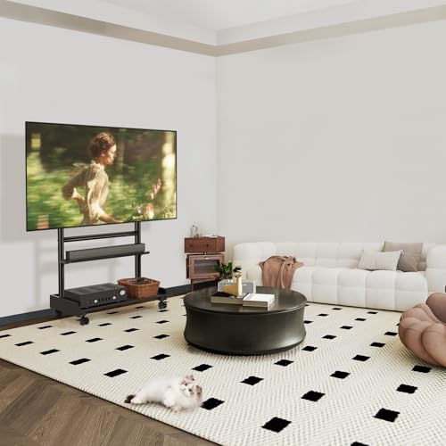 Rfiver Heavy Duty Rolling TV Stand with Wheels for Most 40-86 Inch TVs up to 150lbs, Height Adjustable Mobile TV Stand with Shelf, Floor TV Stand for Living Room, TV Cart Max VESA 600x400mm (Black) - color: Black