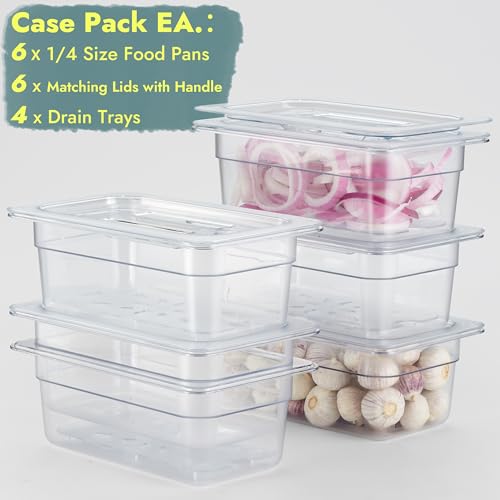 CURTA 6-Pack 1/4 Size 4" Deep NSF Polycarbonate Food Pans with Handled Lids & Drain Trays | Dishwasher & Freezer Safe Clear Container for Prep Tables, Buffet, Salad Bar, Commercial & Home Kitchen - color: 1/4 Size, size: 4" Deep Pan with Lid