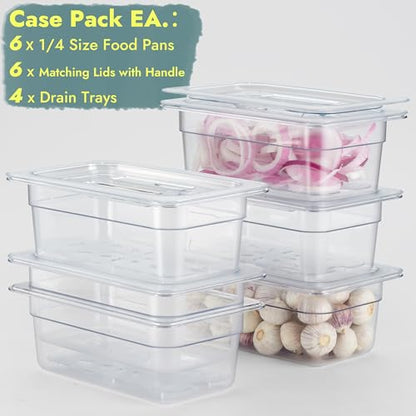 CURTA 6-Pack 1/4 Size 4" Deep NSF Polycarbonate Food Pans with Handled Lids & Drain Trays | Dishwasher & Freezer Safe Clear Container for Prep Tables, Buffet, Salad Bar, Commercial & Home Kitchen - color: 1/4 Size, size: 4" Deep Pan with Lid