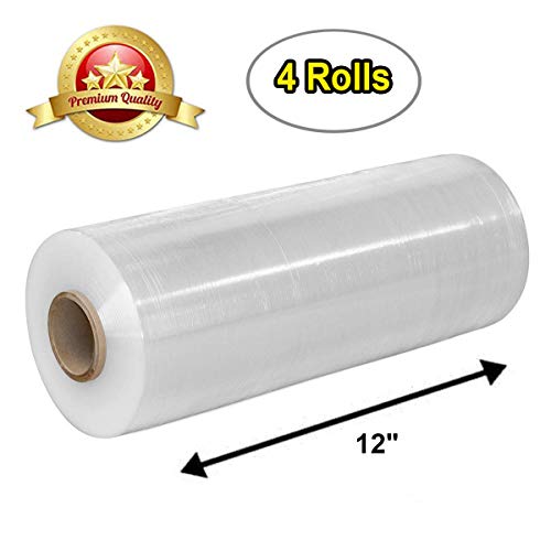 APQ 4 rolls of Cast Hand Stretch Film 12" x 1500'. Hand Stretch Wrap, 80 Gauge Thickness. Excellent Tear Resistance. Clear Residue Free Film for Moving, Shipping, Wrapping. Industrial Grade Cast Film. - size: 12" x 1500'