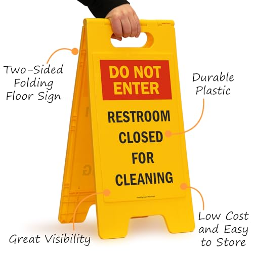 SmartSign 25 x 12 inch “Do Not Enter - Restroom Closed For Cleaning” Two-Sided Folding Floor Sign, Plastic, Red, Black and Yellow - color: Plastic Sign