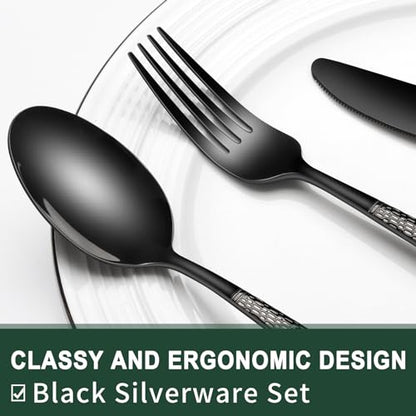 Black Hammered Silverware Set, 40-Piece Stainless Steel Heavy Duty Flatware Set for 8, Food-Grade Tableware Cutlery Set, Utensil Sets for Home Restaurant, Mirror Finish, Dishwasher Safe - style: Black Round Hammered