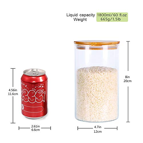 Glass Rice Storage Containers, 60 FL OZ (1800ml) Kitchen Food Jars with Airtight Lid, Stackable Clear Pantry Canister for Coffee Bean, Pet Treat, Flour, Loose Tea and More