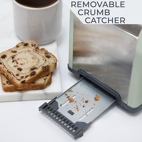 Rae Dunn Toaster, Stainless Steel 2 Slice Square Toaster, Wide Slot with 5 Browning Levels, with Bagel, Defrost and Cancel Options (Sage) - color: Sage