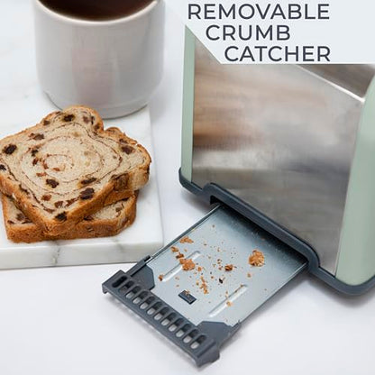 Rae Dunn Toaster, Stainless Steel 2 Slice Square Toaster, Wide Slot with 5 Browning Levels, with Bagel, Defrost and Cancel Options (Sage) - color: Sage