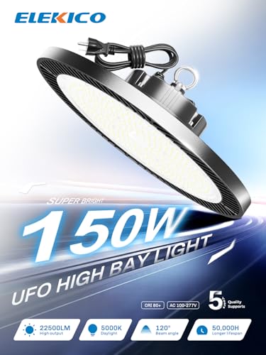 ELEKICO UFO Led High Bay Light 150W 5000K Shop Lights 21000Lm Daylight with Plug, UFO High Bay Lights for Garage Warehouse Workshop Factory Barn Logistics Center 6 Pack