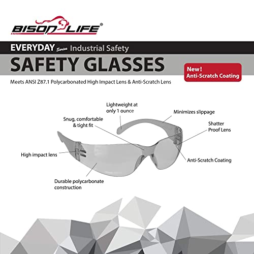 BISON LIFE Gray Safety Glasses for Men & Women, Bulk, ANSI Z87.1, 12 Pack - color: Gray/Gray