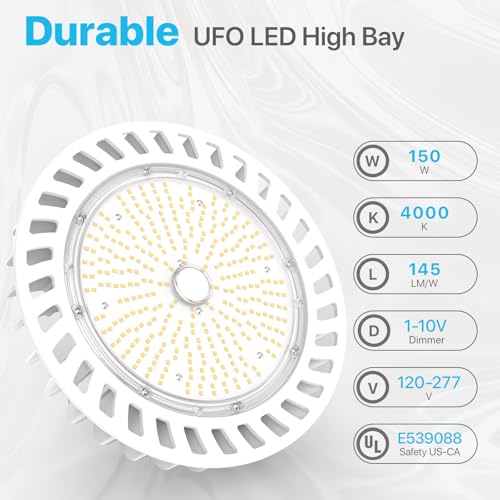 HYPERLITE UFO LED High Bay Lights: 150W High Bay LED Shop Light 21,000LM 5000K, 1-10V Dimmable UFO Lights with 110V Plug 5FT Cable, UL Listed High Bay LED Lights for Warehouse Garage Workshop - size: 150W/5K