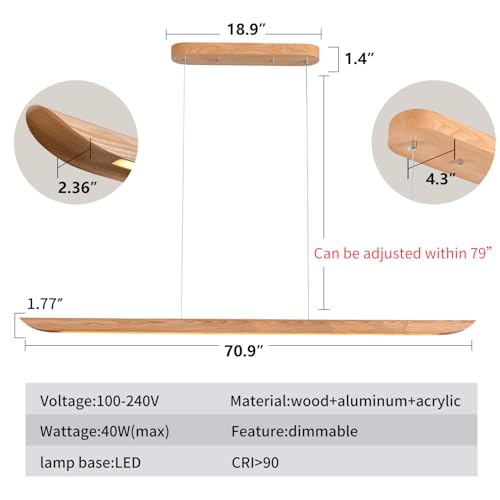 71" 40W Wood LED Linear Pendant Light Fixture,Dimmable Pool Table Island Lights,Modern Linear Hanging Chandeliers,for Dining Room Kitchen Island,Pool Table Lights,Natural Wood Color - color: Natural, size: 71IN
