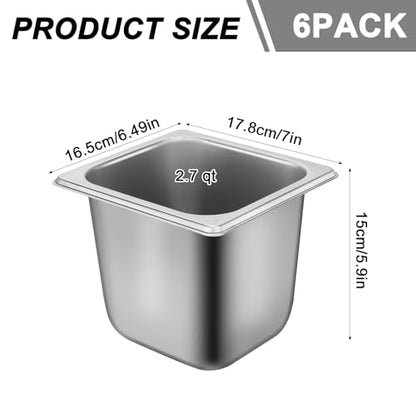 6 Pack 1/6 Size Stainless Steel Hotel Pans With Lids, 6 Inch Deep