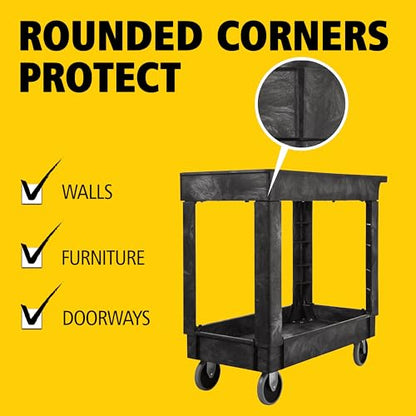 Rubbermaid Commercial Products 2-Shelf Service/Utility Cart with Wheels, 300-Pound Capacity, Black, Lipped Shelves with Handle, Use in School/Restaurant/Warehouse/Manufacturing - size: Small