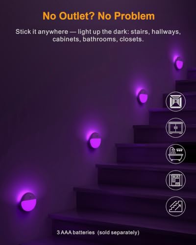 YUNLEX Purple Motion Sensor Night Light Battery Operated, Dim Sticky Light - color: Violet