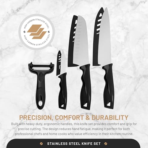 DFACKTO 4-Piece Kitchen Knife Set with Vegetable Peeler without Block – Stainless Steel Knives for Kitchen, Dishwasher Safe Cooking Knife Set with Covers, Sharp Cutting Knives for Cooking – Black - color: Black
