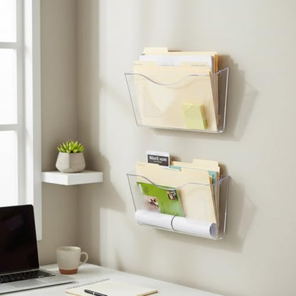 Azar Displays 250080-CLR-2PK Single Pocket Wall Mount File Holder, Clear Acrylic Vertical File Organizer for Office, Home, and School, Clear (2-Pack) - color: Clear, style: Horizontal