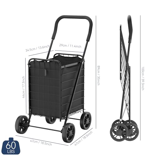 Whitmor Foldable Utility Shopping Cart with Wheels, 60Lb Capacity, Heavy Duty Grocery Cart with Steel Frame, Foam Handle, Rolling Utility Cart for Grocery, Laundry, Travel, Black/w Liner - size: 18.5"L x 18.5"W x 35"H，Black w/Liner