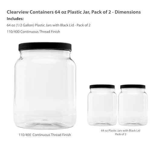 2 Pack - 64 oz (Half Gallon) Plastic Storage Jars with 110-400 Leak Proof Black Lid, Food Grade, BPA Free, Hand Wash Only (64oz, 2pk, BLK) - size: 2pk - 64oz, Black