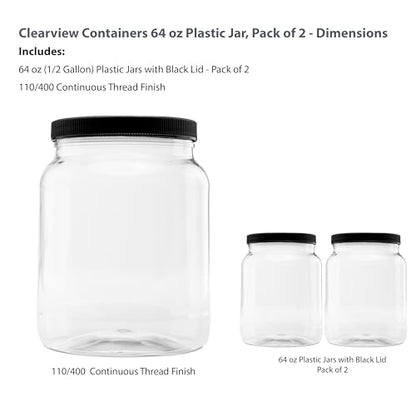 2 Pack - 64 oz (Half Gallon) Plastic Storage Jars with 110-400 Leak Proof Black Lid, Food Grade, BPA Free, Hand Wash Only (64oz, 2pk, BLK) - size: 2pk - 64oz, Black
