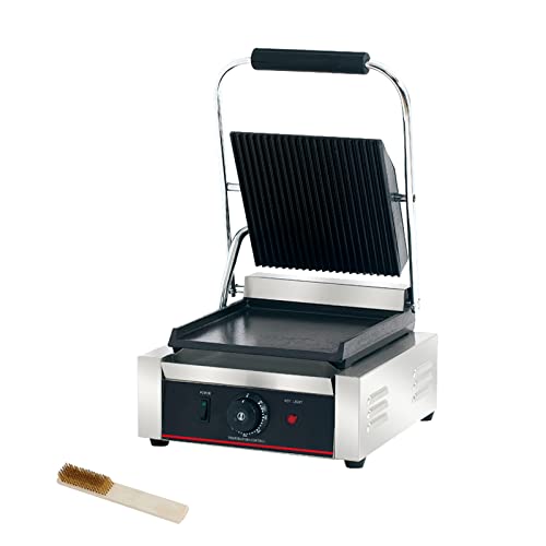 Commercial Panini Press With Grooved Grill Sandwich Maker Machine Electric Contact Grill Single (Single Grooved Top&Smooth Bottom) - style: Single Grooved Top&Smooth Bottom