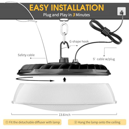 Elaruslux 200W 8 Pack UFO LED High Bay Light with Reflector 28,000lm 5000K LED High Bay Lights AC110-277V 5' Cable with Plug Waterproof UFO Lights for Garage Shop Gym Factory - size: 8 Pack