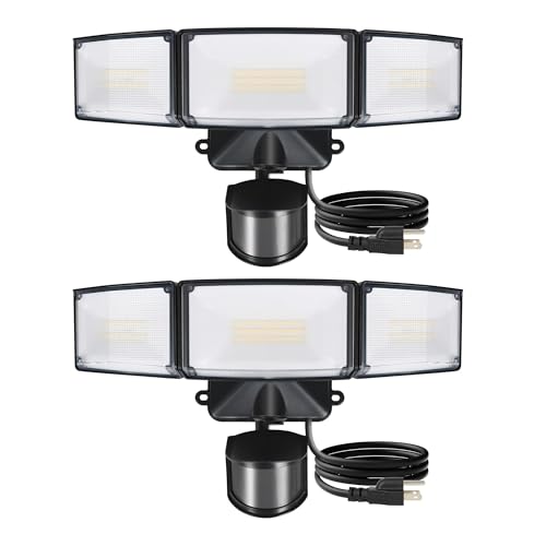 LUTEC 2 Pack 50W Motion Sensor Outdoor Lights, 5500 LM Plug in Flood Light Outdoor, Dusk to Dawn, IP65 Waterproof Security Lighting, 5000K Daylight, Adjustable Wall-Mounted for Garage, Yard, Porch - color: Black with plug, size: 2 Pack