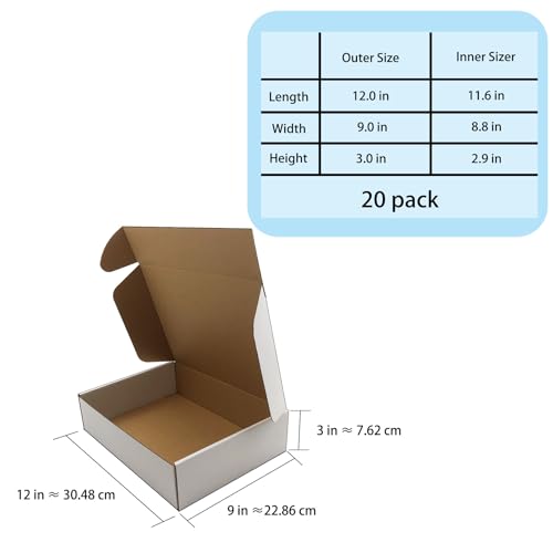 12x9x3 Inch White Shipping Box 20 Pack,Craft Gift Box,Mailing,Packaging - size: 12''x9''x3''