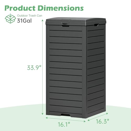 Outdoor Trash Can with Lid and Drip Tray, Waterproof Resin Hideaway Outdoor Garbage Can, Large Trash Can Outside for Patio, Garage, Backyard, Garden, Deck, Pool, Black (31 Gallon) - color: Black, size: 31 Gallon