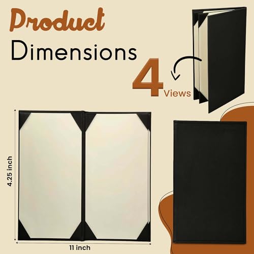 Prestine Menu Covers Made of Premium Faux Leather (10-Pack) - 4.25" x 11" - 4 Views - Black - Restaurant Menu - Wine List - Bar Menu - size: 4.25”x11” - 4 Views