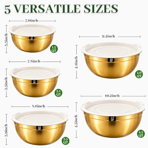5-Piece Gold Stainless Steel Mixing Bowls with White Lids, Nesting Mixing Bowl Set in 1.5, 2.1, 3.5, 4 and 4.5 QT Sizes for Baking, Cooking, Meal Prep, Salad, Everyday Kitchen Use and Food Prep - color: 5Pcs Gold Mixing bowls