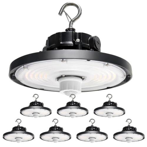 Integrated UFO Led High Bay Light with Motion Sensor, 150W, 22500LM, 0-10V Dimmable, 120-277V Hardwired Industrial,UL&DLC (Black + Motion Sensor Hardwired, 150W-8PK) - size: 150W-8PK