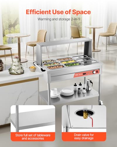 VEVOR 9-Pan Commercial Food Warmer, 9 x 1/3 Pans Electric Steam Table, 1500W Professional Buffet Catering Food Warmer with Shield Undershelf Wheels, Stainless Steel Server for Party Restaurant - size: 9-Pan