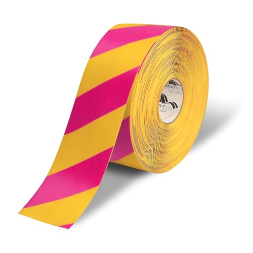 Mighty Line Diagonal Chevron Floor Marking Tape, 4 in Yellow and Magenta - size: 4 inch, style: Yellow With Magenta Chevrons