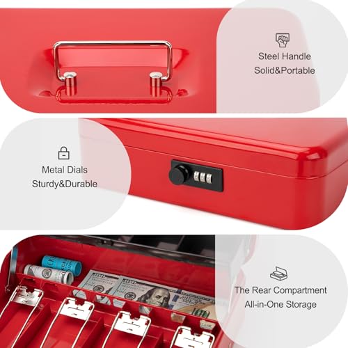 Jssmst Metal Cash Box with Money Tray and Lock, Portable Cash Drawer, 11.8" - color: Red Code-A