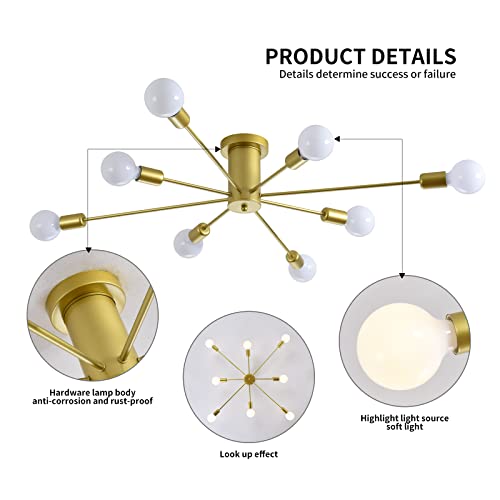Garwarm Gold Sputnik Chandelier, 8-Light Semi Flush Mount Ceiling Light - color: 8-Light,Gold