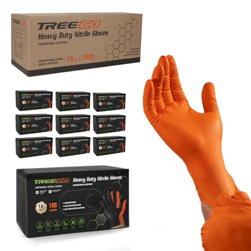 TREEGO 10 Mil Orange Nitrile Mechanic Gloves, Diamond Grip, 1000 Count L - color: 1000 Orange, size: Large