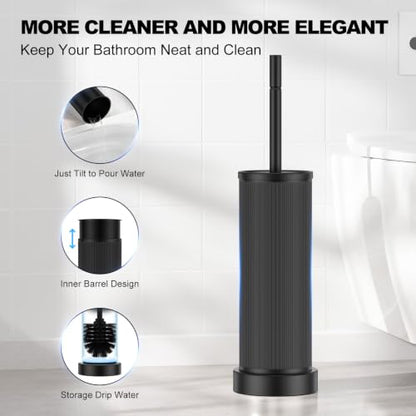 Metal Vertical Grain Toilet Bowl Brush and Holder Set Scrubber Black - color: Black