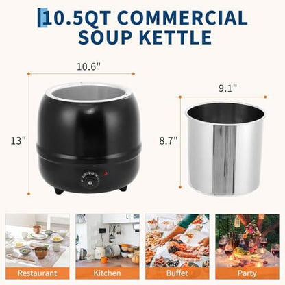 Commercial Electric Soup Kettle – 10.5QT Capacity, Stainless Steel Removable Insert, Hinged Lid, Adjustable Temperature, Anti-Scald Handle – Portable Food Warmer for Restaurant, Catering, - size: 10.5 Qt