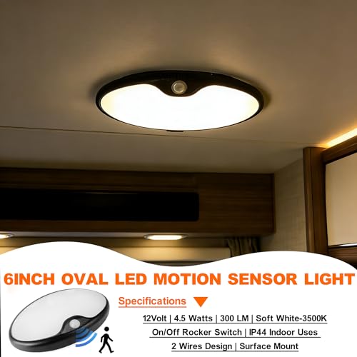 Dream lighting RV Motion Sensor Light 12V RV Trailer Boat Interior LED Ceiling Light Fixture with Switch 3500K Soft White Lighting, 6inch - color: Black shell