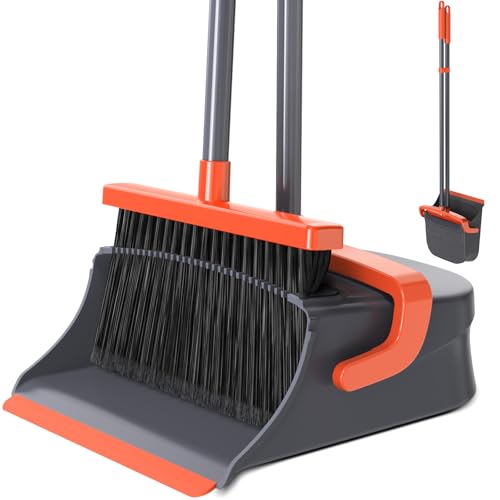 Broom with Dustpan Set for Pet Hair & Dust Cleanup, Orange & Gray - color: Orange & Gray