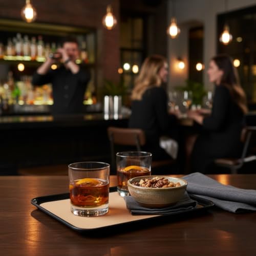 TrueCraftware- 16" x 12" Rectangular Anti-Slip Serving Tray with Cork Surface Black Color Set of 2- Multi-Purpose Serving Trays Food Server Trays Platters for Restaurant Parties Breakfast Cafe Bar