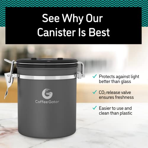 Coffee Gator Stainless Steel Canister - Medium 16oz, Gray Coffee Grounds and Beans Container with Date-Tracker, CO2-Release Valve, and Measuring Scoop - Ideal Coffee Lovers Gifts - color: Gray, size: 16oz