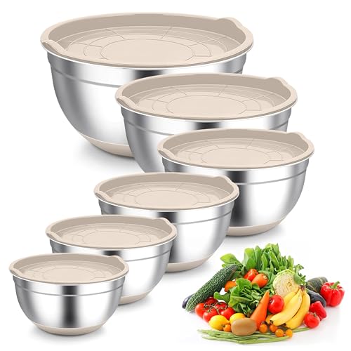 TeamFar Mixing Bowls, Stainless Steel Salad Bowls with Lids - Khaki - color: Khaki