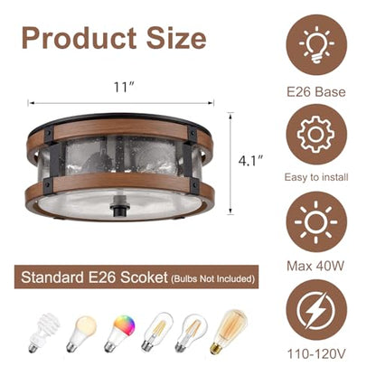 DEYNITE 2-Light Ceiling Light Drum Seeded Glass Shade Black & Rust Light - size: 4.1" Height