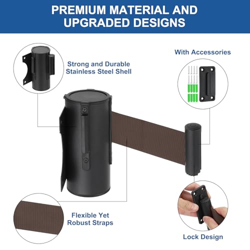 MECCANIXITY Wall Mount Retractable Belt Barrier 6.56ft Crowd Control Belts - color: Black/Brown, size: 6.56 ft