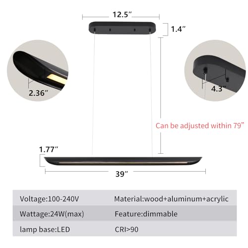 39" Modern Led Linear Pendant Light Dimmable Ceiling Hanging Lights Wood Linear Chandeliers Office Lighting for Dining Room Kitchen Island Pool Table Light Living Room Bar Pendant Light Black 24W - color: Black, size: 39IN