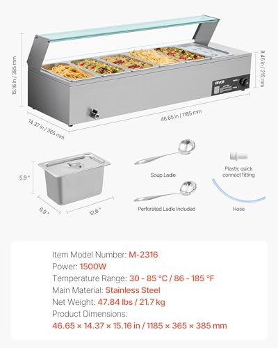 VEVOR Commercial Food Warmer, 1500W Electric Stainless Steel Steam Food Warmer with Glass Cover, 6 x 1/3 Size Pans Buffet Bain Marie with Soup & Perforated Ladles, for Catering, Restaurant & Party - size: 6x1/3Pan