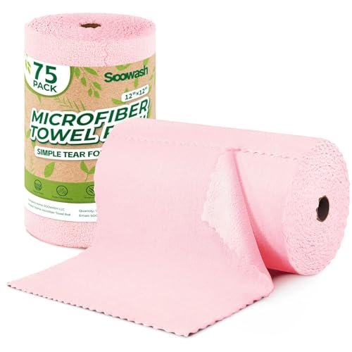 Microfiber Cleaning Cloths Roll 75 Pack 12x12 Inch Lint Free - color: Pink