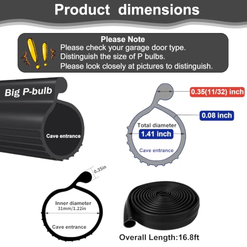 16.8FT Rubber Garage Door Bottom Seal, 0.35" P Bulb Weather Stripping - color: Big P Bulb-0.35inch, size: 16.8Ft
